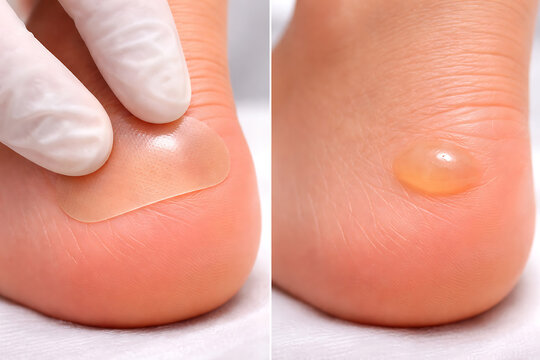 Gloved doctor removes a foot blister patch revealing irritated skin and fluid buildup
