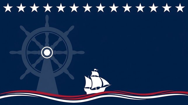 Blue nautical background with ship wheel and sailing vessel background nautical maritime