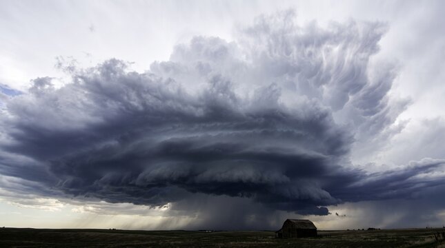 Dramatic storm clouds gather over a rural landscape with a small barn