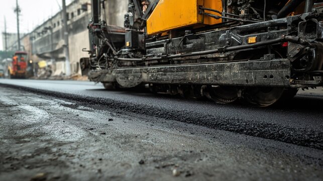 paver. An asphalt paver laying fresh blacktop over an old road. safety posters, maintenance manuals, designed for precision metalworking and fabrication facilities, used by manufacturing supervisors.