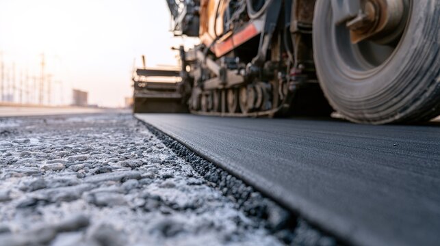 paver. An asphalt paver laying fresh blacktop over an old road. safety posters, maintenance manuals, designed for precision metalworking and fabrication facilities, used by manufacturing supervisors.