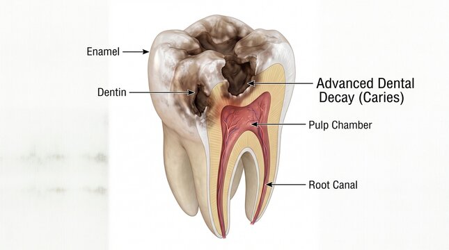 Anatomy of a human tooth showing advanced dental decay