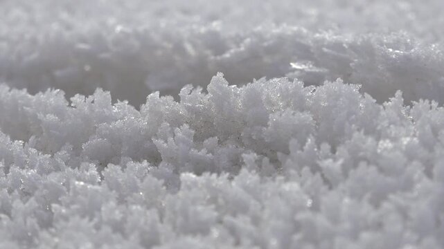 Crystal hoarfrost rime layer accumulated on a cold winter surface, serene and beautiful.