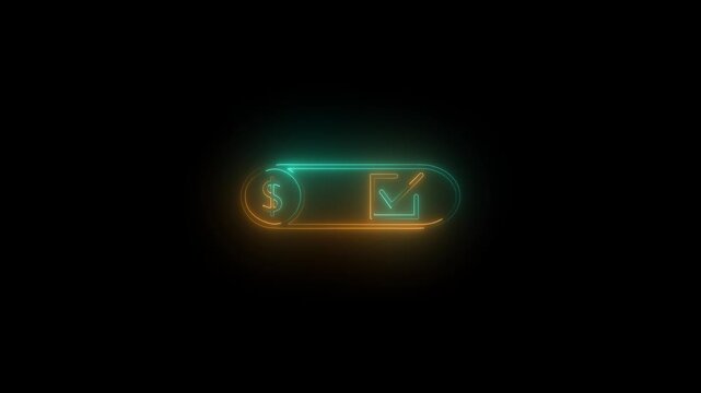 Glowing neon payment successful toggle button with dollar sign and check.mark icon animation video...