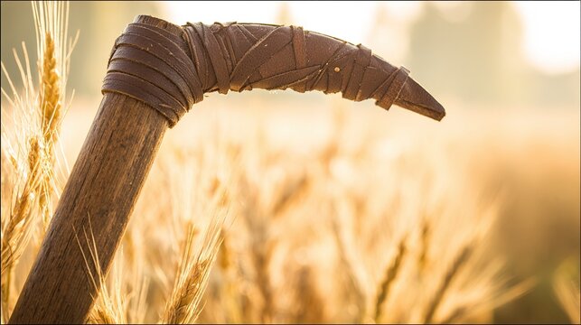 flail. An old, worn flail discarded in a wheat field with textured wood and leather. safety posters, maintenance manuals, designed for precision metalworking and fabrication facilities.