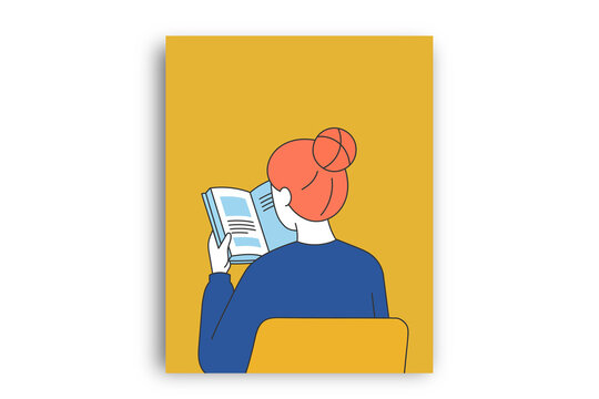 Woman reading a book. Concept on education, self-directed learning. Colorful, flat vector illustration on yellow background. Character design, vertical layout
