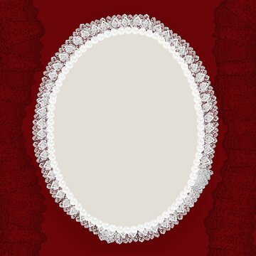 Vintage oval frame background with elegant white lace and pearl border on dark red lace pattern background