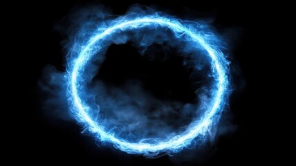 Naklejka premium Abstract glowing blue energy ring with dynamic fiery effects on black background, suitable for technology, innovation, or scientific concepts