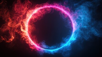 Fototapeta premium Colorful glowing neon circle with fiery red and cool blue flames creating a vibrant abstract graphic design