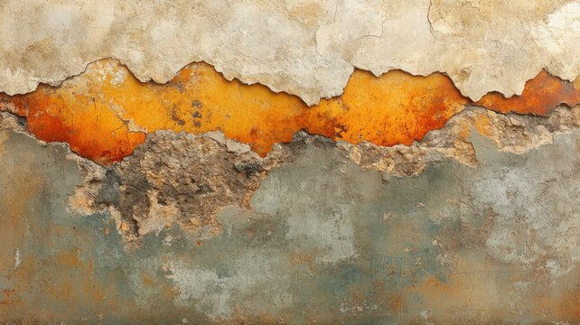 Close-up of textured and weathered painted wall with peeling paint and rusted orange and gray surfaces, illustrating urban decay and surface deterioration