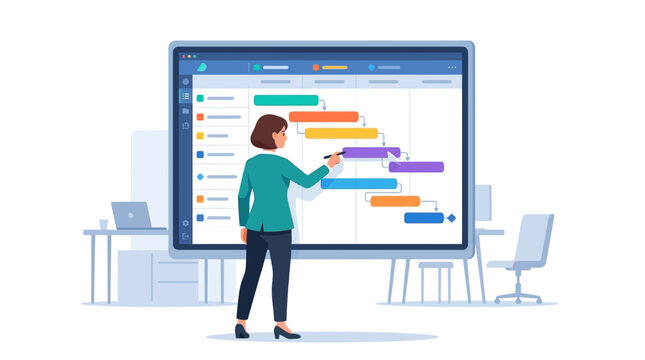 Professional female project coordinator managing workflow and gantt chart tasks on digital dashboard flat vector element.