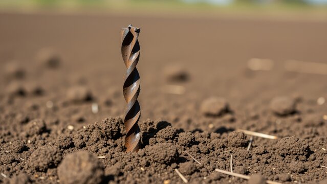 Close-up of a drill bit partially buried in soil on a field or garden, symbolizing planting, agriculture, or construction
