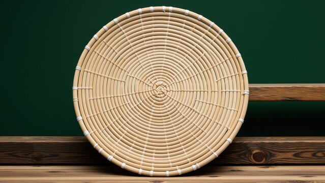 Round bamboo fly swatter with wooden handle on wooden surface against dark green background, traditional household pest control tool, natural material, rustic style