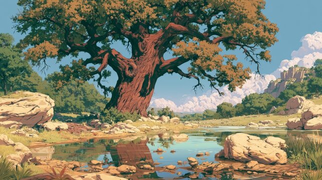 Majestic oak tree by serene riverbank surrounded by lush greenery under bright blue sky with fluffy clouds and rocky formations in tranquil landscape