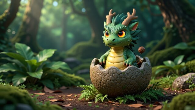 Colorful cartoon dragon hatching from an egg in lush green forest environment, fantasy creature character, vibrant colors, detailed illustration for children?s books or animation
