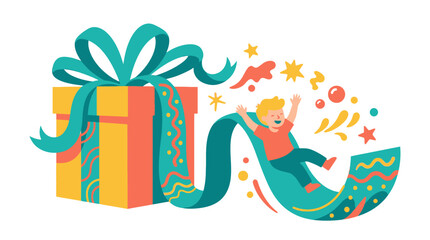 Naklejka premium Exciting Birthday Gift Surprise A Child Joyfully Slides Out of a Magical Present