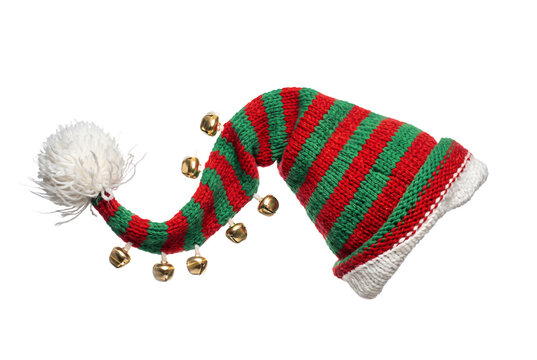 Long striped knitted elf hat with jingle bells