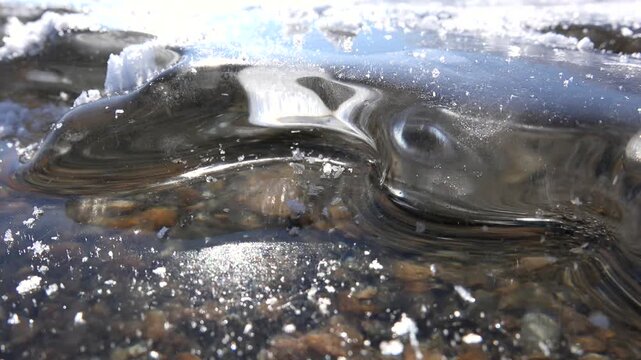 Thick transparent ice layer covering frozen water surface in harsh cold winter close up.