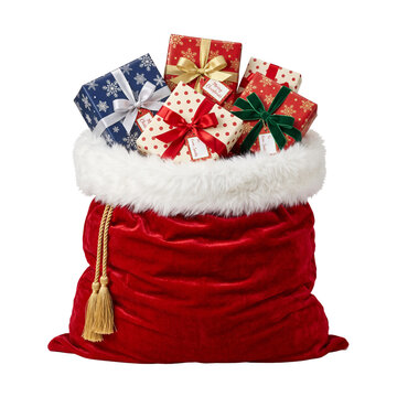 Red velvet Santa sack filled with colorful Christmas gifts