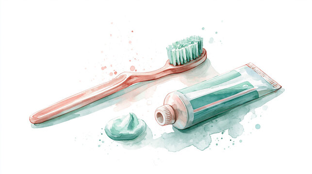 Watercolor Illustration of a Classic Toothbrush and Tube of Toothpaste on White Background