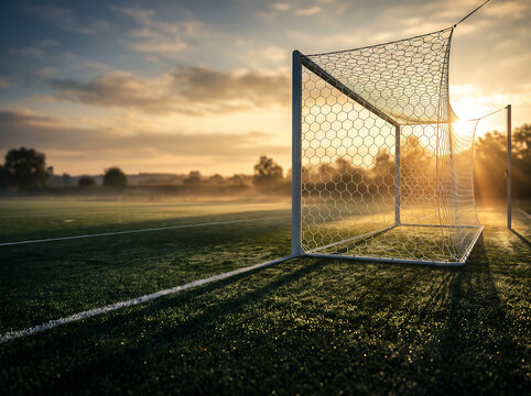 Soccer goal net on grassy field at sunrise golden hour sunbeams shine through mesh.