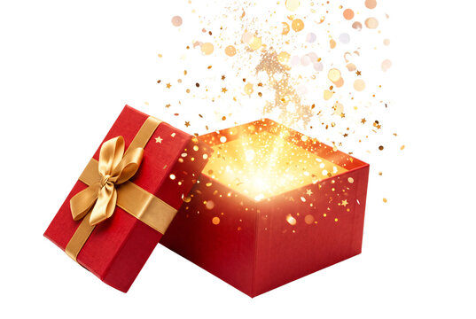Open red gift box with glowing light and gold confetti