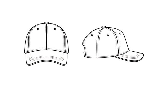 Detailed Baseball Cap Outline Vector Drawing - Front and Side View for Apparel Design and Branding Mockups