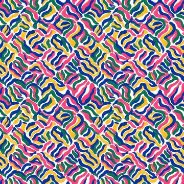 Seamless abstract pattern with interlocking multicolored wavy lines and shapes