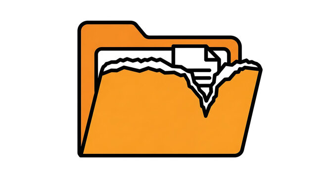 Torn orange folder overflowing with ripped documents, symbolizing damaged files, lost data, or chaotic organization.