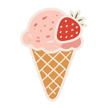 Pastel strawberry ice cream scoop with fresh berry slice on waffle cone sticker illustration