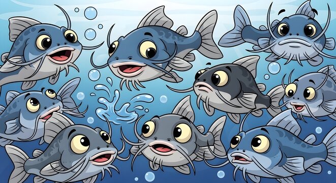 Cute cartoon catfish swimming together in a playful underwater scene with bubbles.