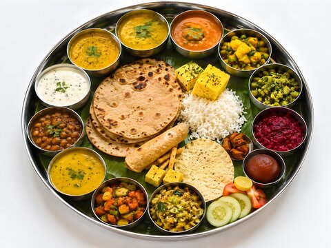 Delicious Indian Vegetarian Thali Platter Isolated on White Background