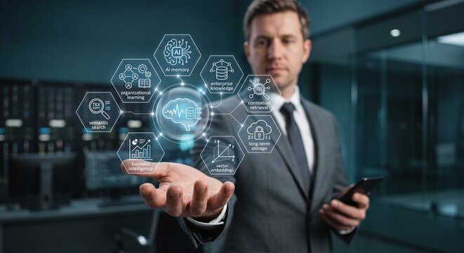 IT executive holding a holographic AI memory and enterprise knowledge base dashboard.
