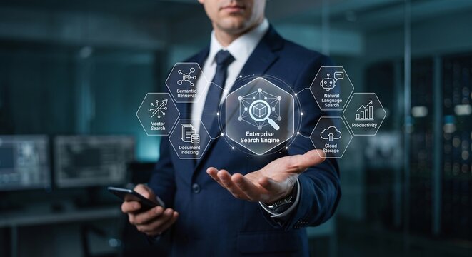 Corporate executive presenting a holographic Enterprise Search Engine and semantic retrieval dashboard.