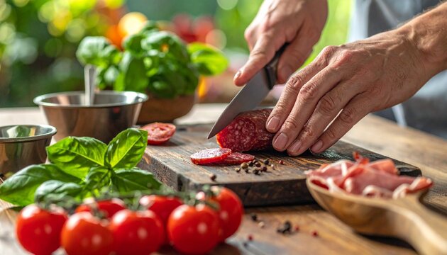 Skilled hands slicing fresh salami on a rustic wooden board, surrounded by ripe tomatoes, aromatic basil, and gourmet ingredients, for delicious homemade meal preparation