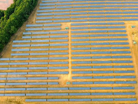 Aerial view of a large solar farm with rows of photovoltaic panels installed on open land, bordered by trees in Little Irchester, England, United Kingdom.