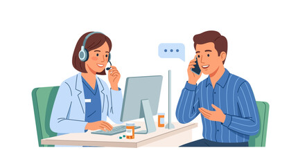 Fototapeta premium Professional pharmacist with headset providing remote medical consultation to patient flat vector element.