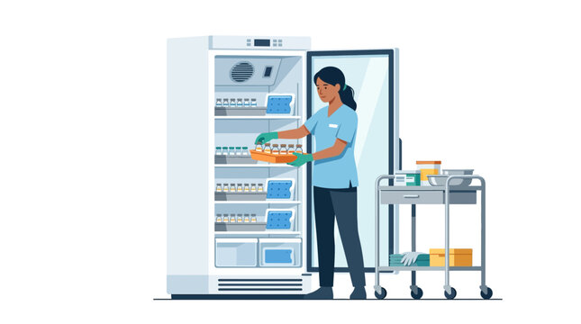 Professional female pharmacist organizing medical samples inside a laboratory fridge with service cart flat vector element