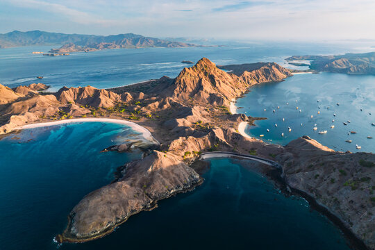 Aerial view of the natural scenery of Padar Island coastline in Komodo National Park, Indonesia