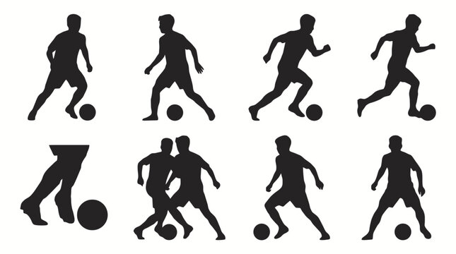 Soccer player silhouettes in various action poses, dribbling a ball featuring silhouette, sports