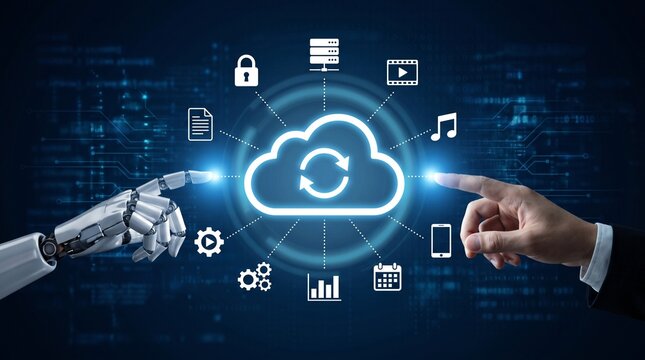 Robot hand touching human finger connecting cloud computing network interface digital data synchronization concept with interface surrounded