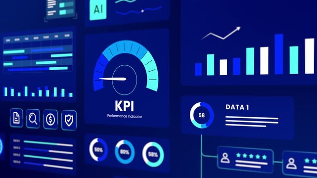 High tech blue UI panel monitoring KPI statistics, growth trends, and workflow schedules.