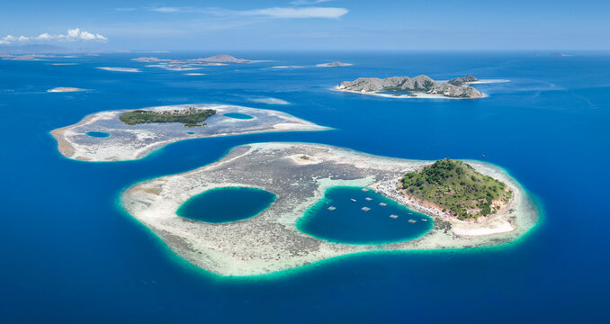 Aerial view of the natural scenery of the coral atolls in East Nusa Tenggara, Komodo, Indonesia