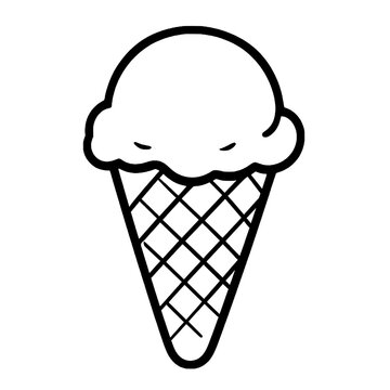 Single ice cream scoop on grid pattern waffle cone black line art vector illustration isolated on white background