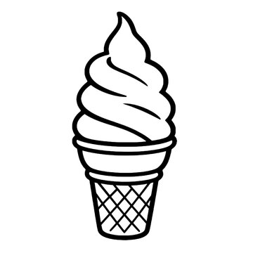 Vanilla soft serve ice cream swirl on wafer cone black line art vector illustration isolated on white background
