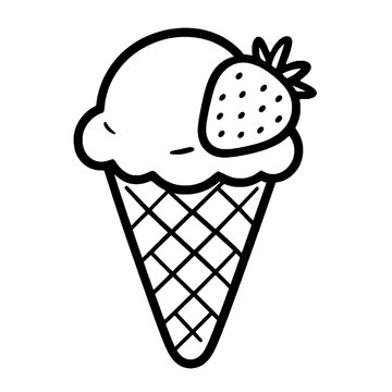 Outlined strawberry gelato scoop in crispy waffle cone line art vector illustration isolated on white background