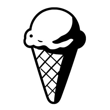 Black line art ice cream scoop on waffle cone vector illustration isolated on white background