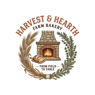 Harvest & Hearth Farm Bakery logo features a stone fireplace with burning logs, a loaf of bread on a wooden peel, and a wreath of wheat and leafy branches.