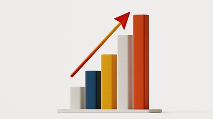 Fototapeta premium Colorful 3d growing bar chart with red upward arrow showing increasing business growth profit and long-term financial success on plain light neutral background