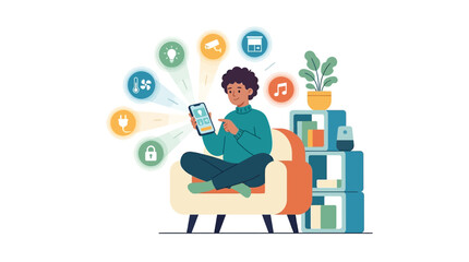 Fototapeta premium Man controlling smart home automation system with mobile app sitting on armchair flat vector illustration